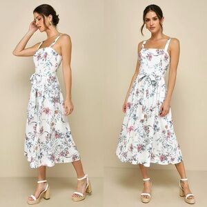 NWT LULUS Floral Square Neck Sleeveless Tie Waist Cottagecore Flare Tea Dress S